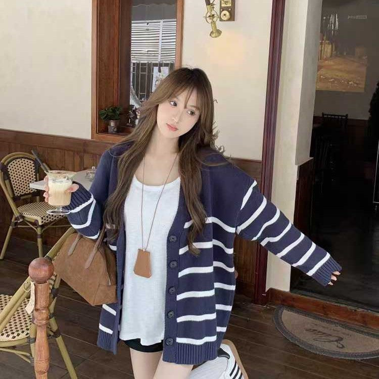 Striped Knitted Cardigan Women's European And American Loose