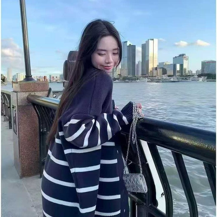 Striped Knitted Cardigan Women's European And American Loose